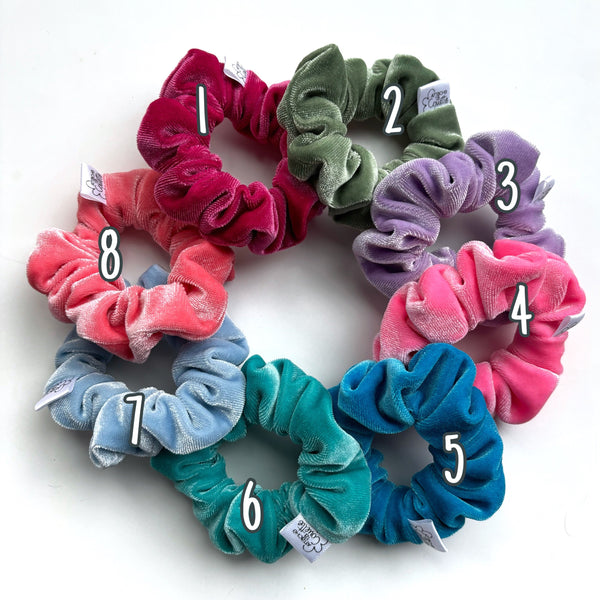 Scrunchie corail, fushias, vert sauge, lilas, rose flash, bleu, turquoise, bleu ciel